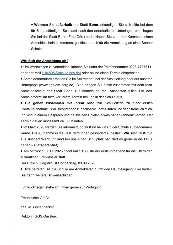 Informationen zur Schulanmeldung für das Schuljahr 2026/2027
